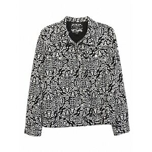 St. Tropez West Linen Jacket 2X Black White Print Trucker Boho Coastal